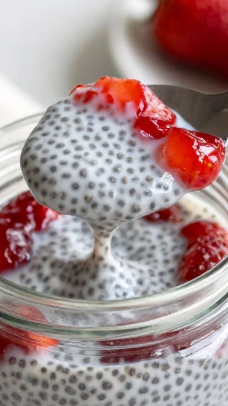 Strawberry chia pudding jars layered with fresh strawberries