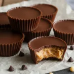 Homemade almond butter cocoa cups on parchment paper