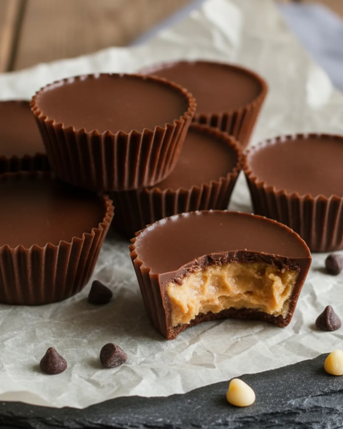 Homemade almond butter cocoa cups on parchment paper