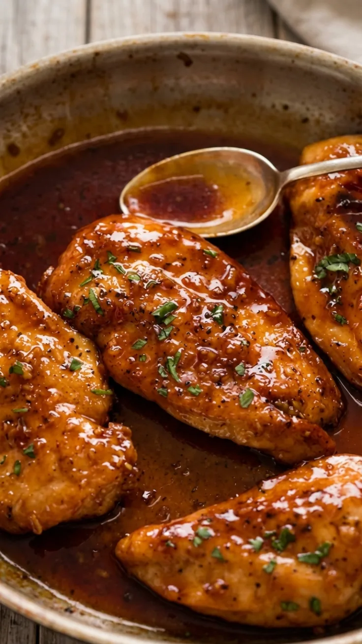 glossy honey garlic chicken in a skillet with green onions