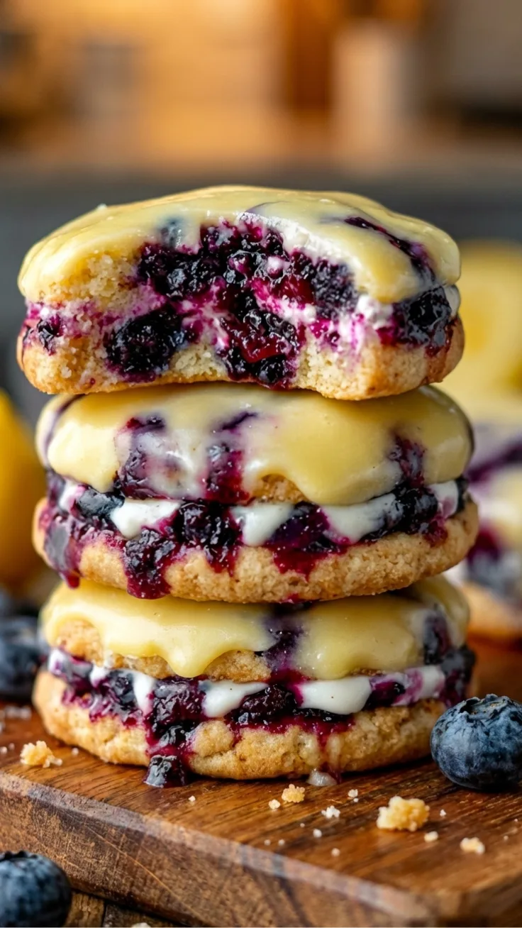 Lemon Glazed Blueberry Cookies-hero lemon glazed blueberry cookies stacked with glossy icing