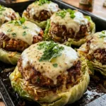 Oven-Baked Cabbage Burgers 2 stacked cabbage burgers with dipping sauce