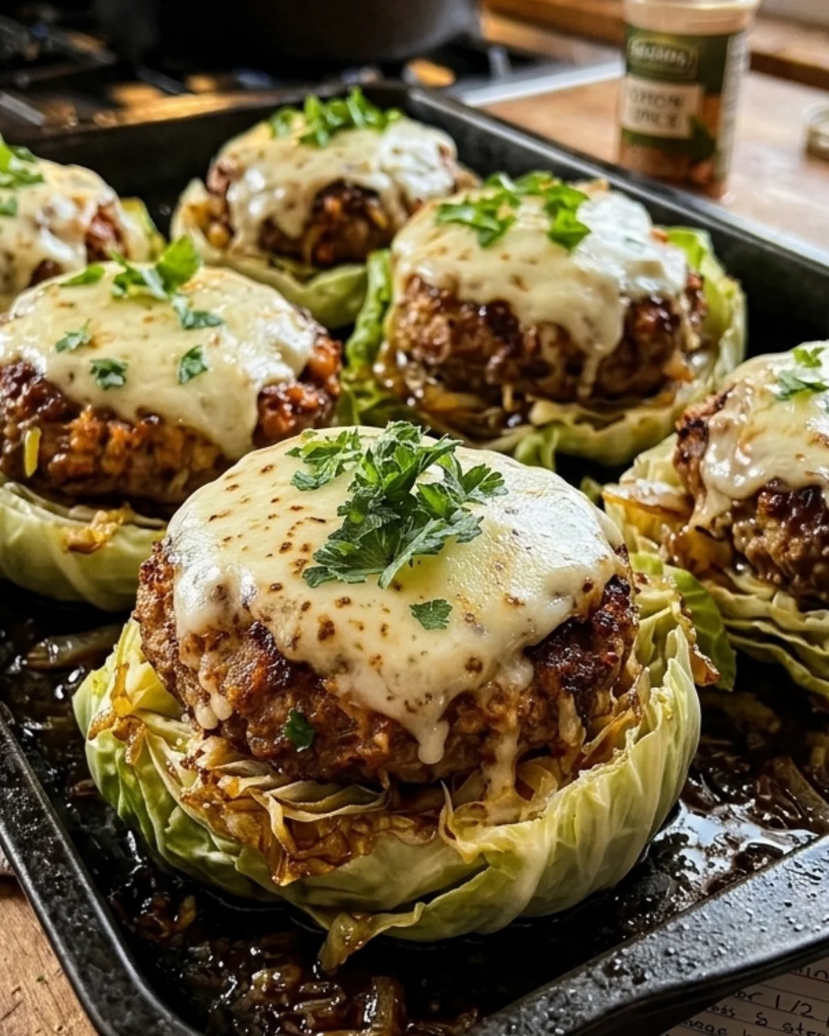 stacked cabbage burgers with dipping sauce