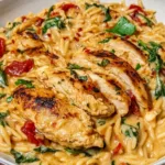 high protein chicken orzo pasta in skillet