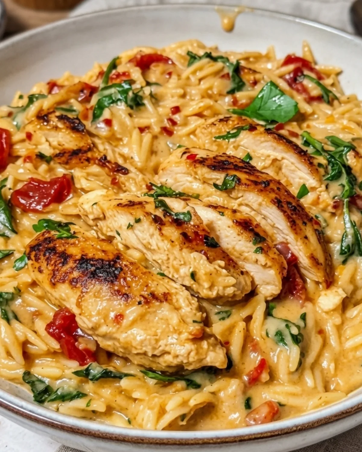 high protein chicken orzo pasta in skillet