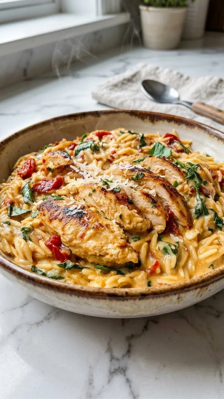 serving bowl creamy chicken orzo spinach
