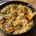 garlic butter chicken rice skillet close up