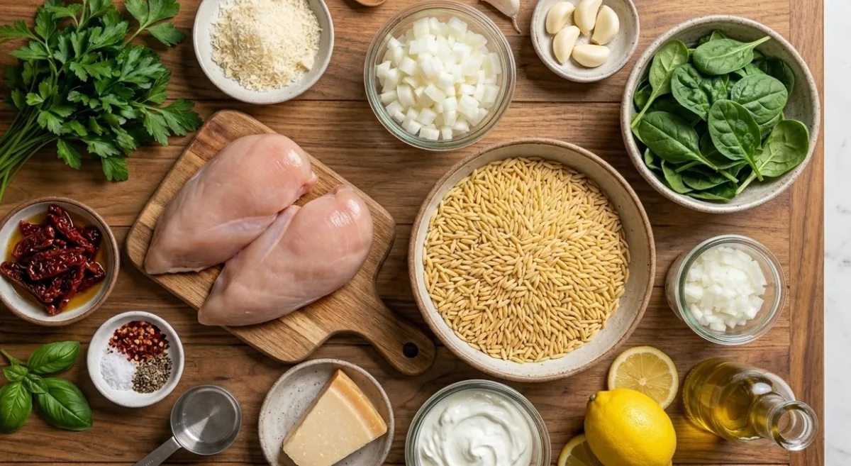 ingredients for high protein creamy chicken orzo including chicken breast, orzo pasta, spinach, garlic, onion, greek yogurt and parmesan
