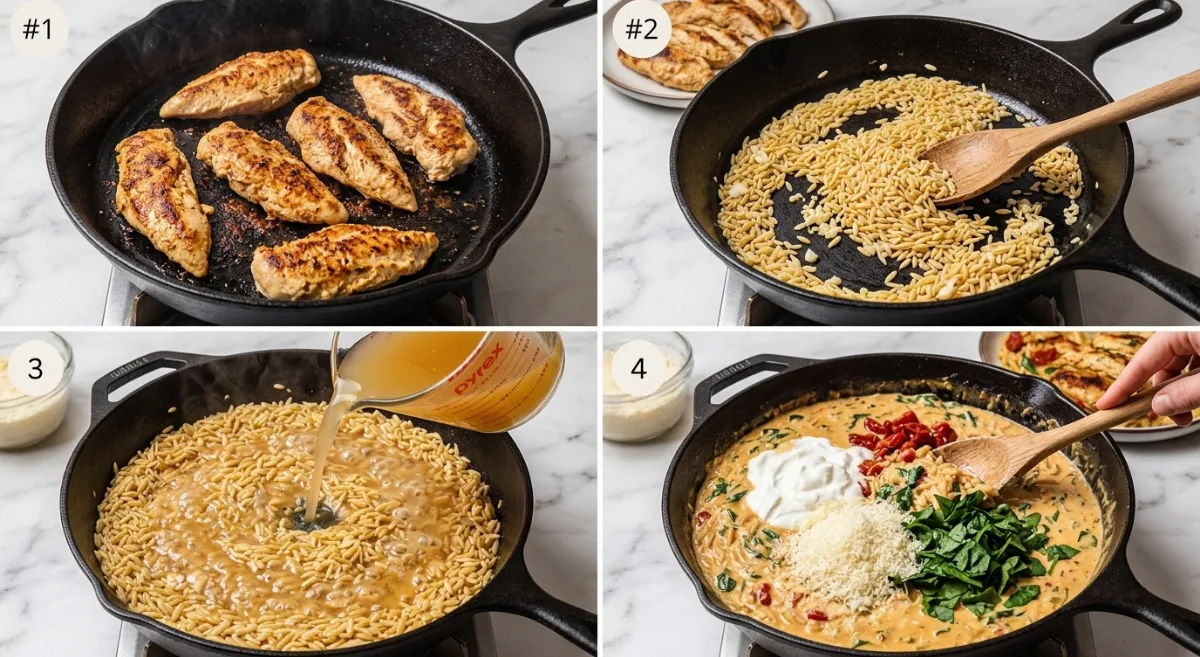 step by step process collage showing how to make high protein creamy chicken orzo in skillet