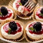 No-Bake Cheesecake Bites 2 mini cheesecake bites with strawberry topping