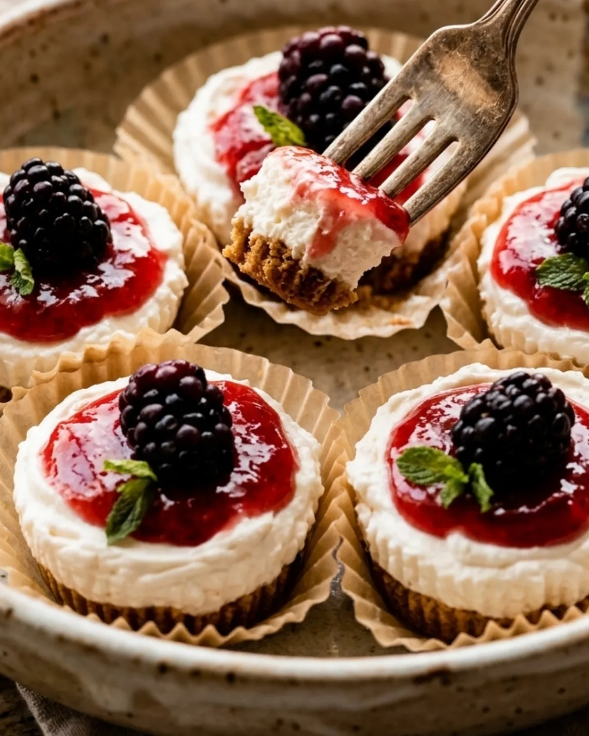 Home page 6 mini cheesecake bites with strawberry topping