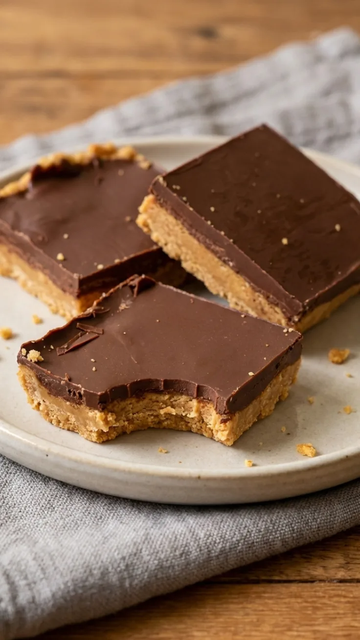 stacked no bake chocolate peanut butter bars with glossy chocolate topping