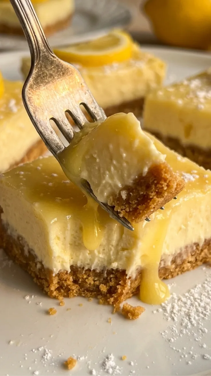 no bake lemon cheesecake bars stacked with lemon slices