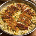 creamy Alfredo pasta with crispy chicken topping