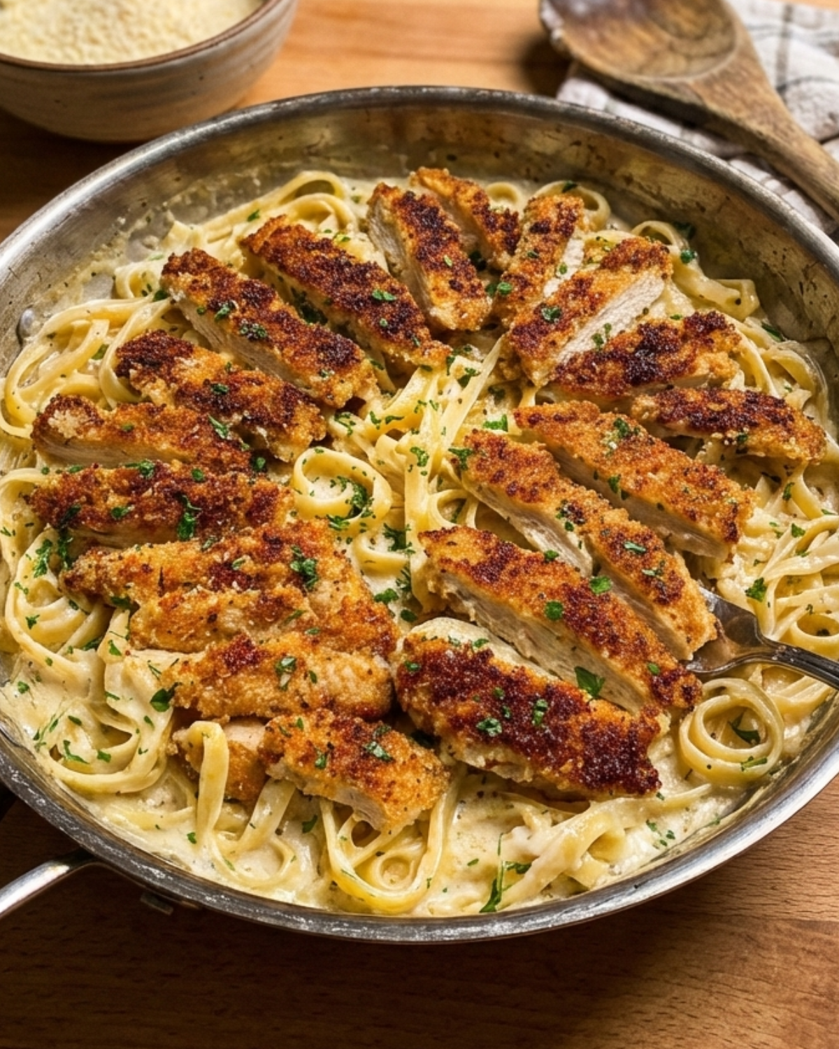 creamy Alfredo pasta with crispy chicken topping