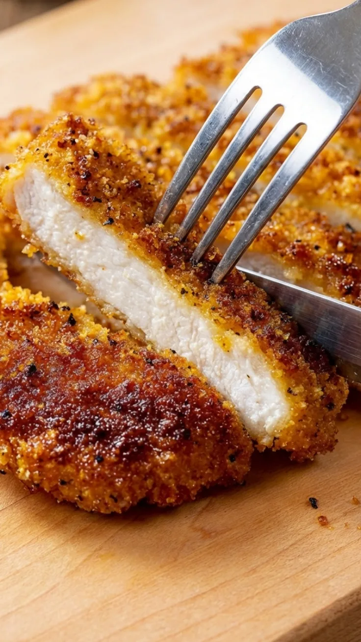 crispy parmesan crusted chicken over creamy Alfredo pasta